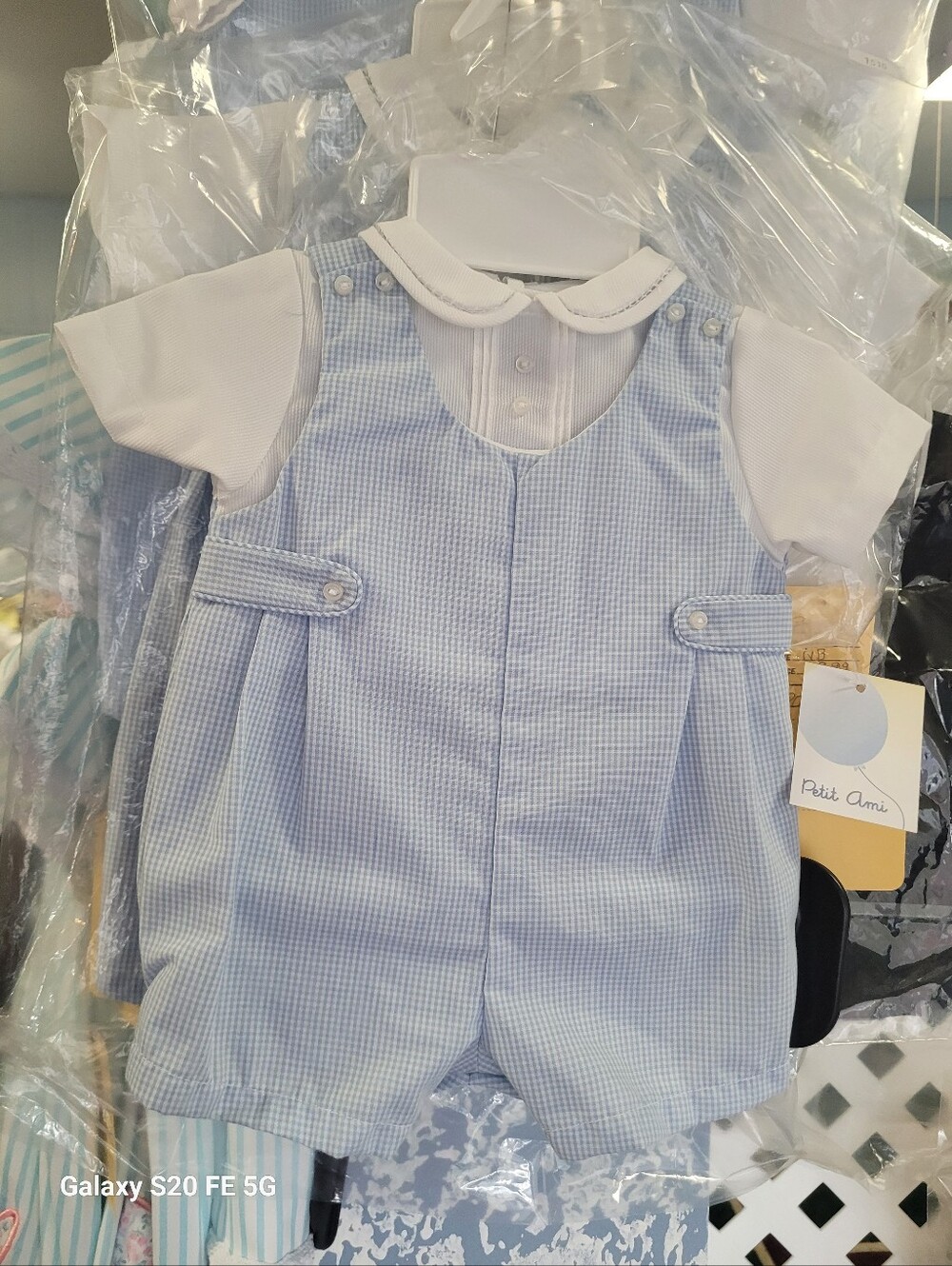 NWT Petit Ami Light Blue Gingham Shortall with White Collar Shirt